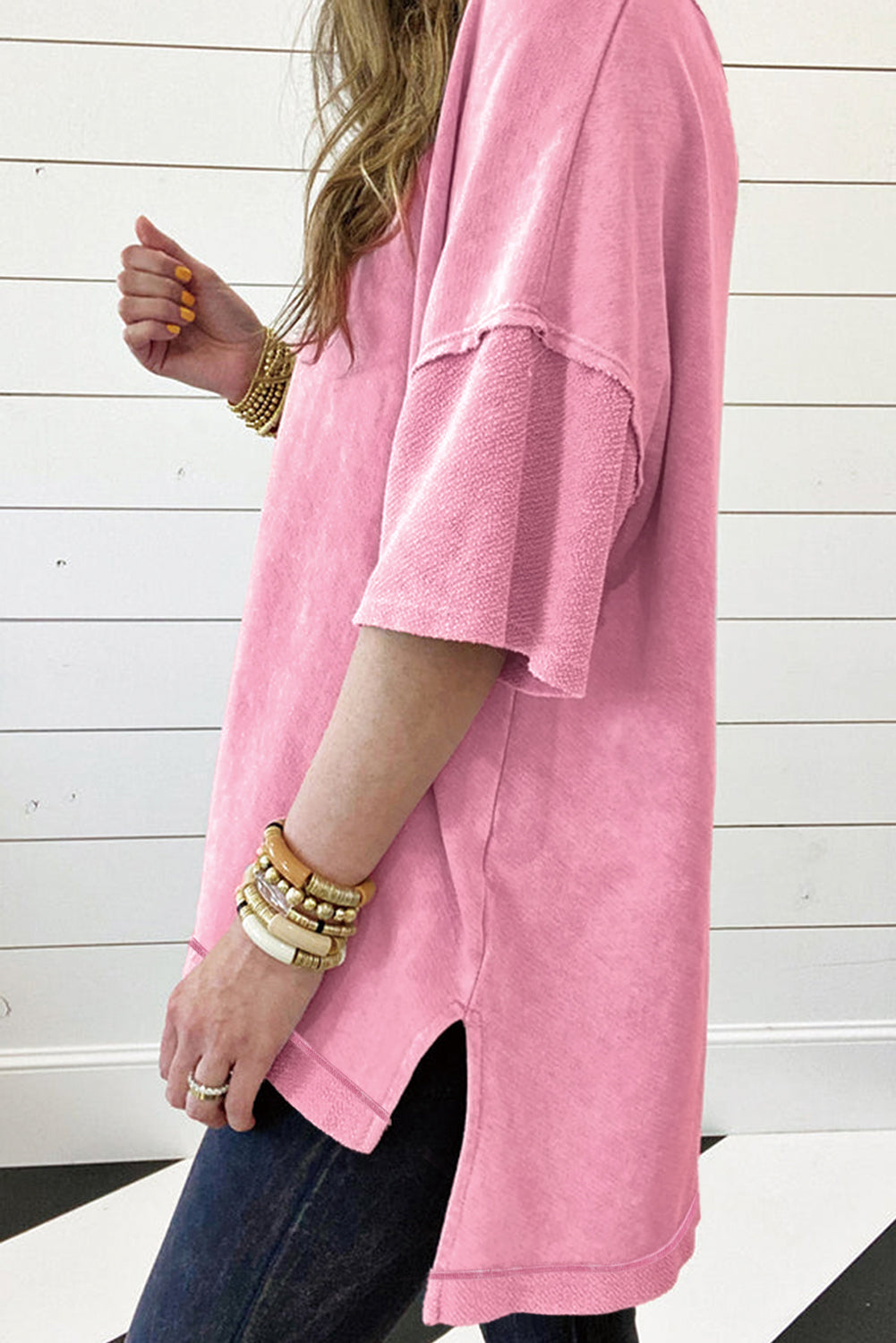 Orchid Petal Mineral Wash Exposed Seam Drop Shoulder Oversized Tee